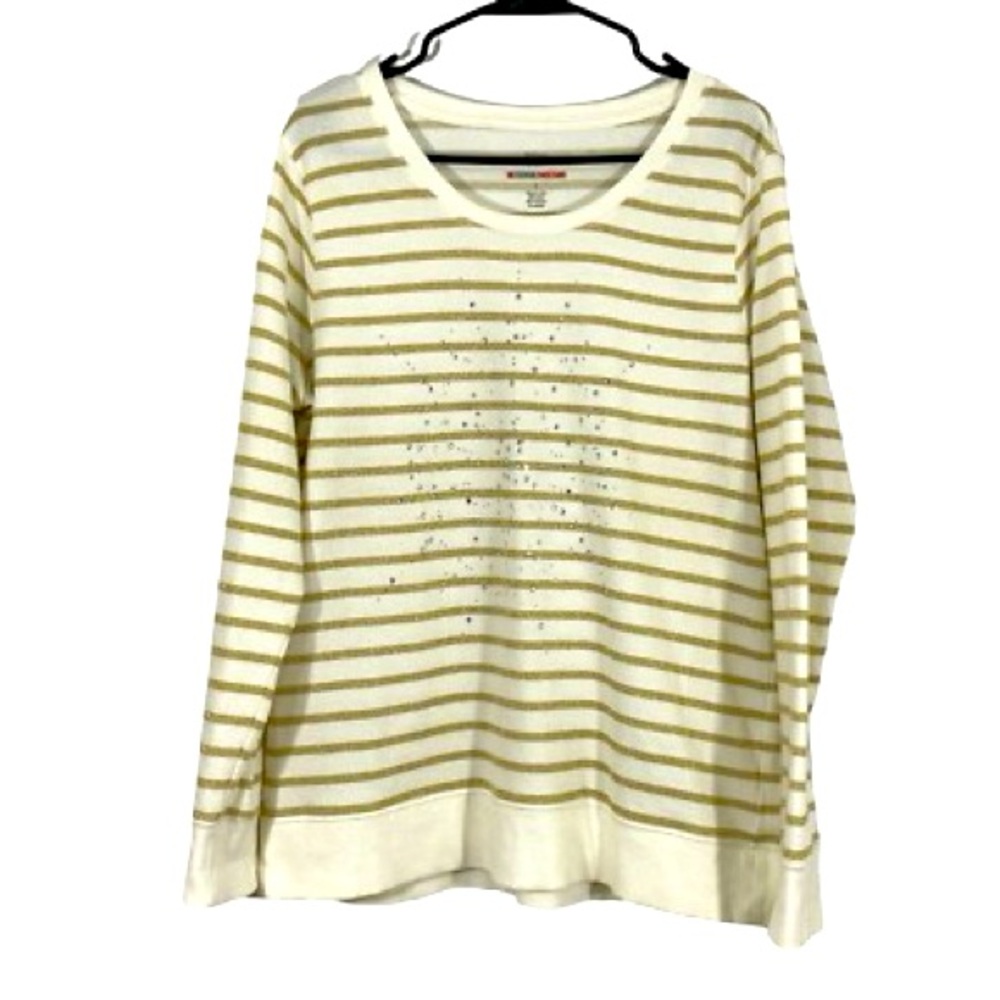 🌻 Style & Co Sport Ladies lg sleeve Ivory & shimmer gold Striped Sweatshirt SZ:L